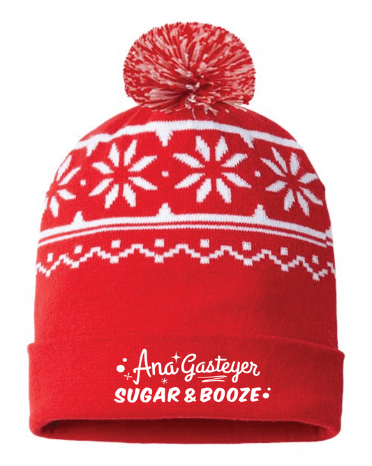 Embroidered Red Pom Beanie